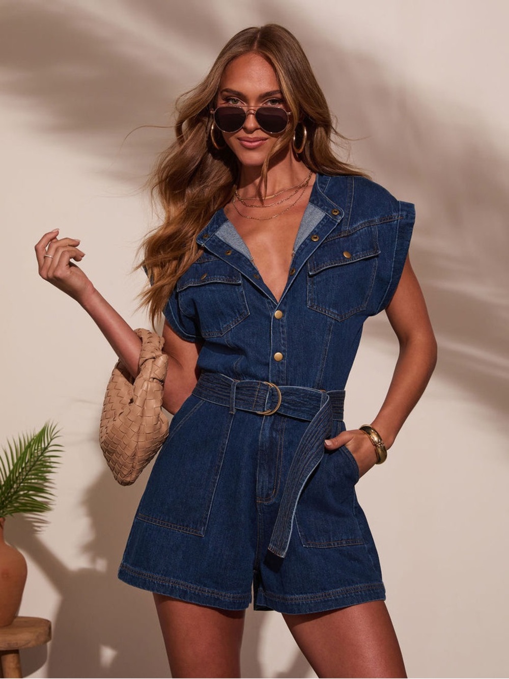 Vici Indigo Denim Belted Romper